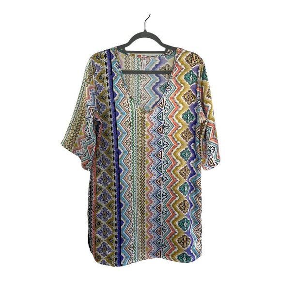 Jean-Pierre Klifa Size L Multicolor Geometric Print Silk Tunic Dress 3/4 Sleeves - Picture 1 of 6